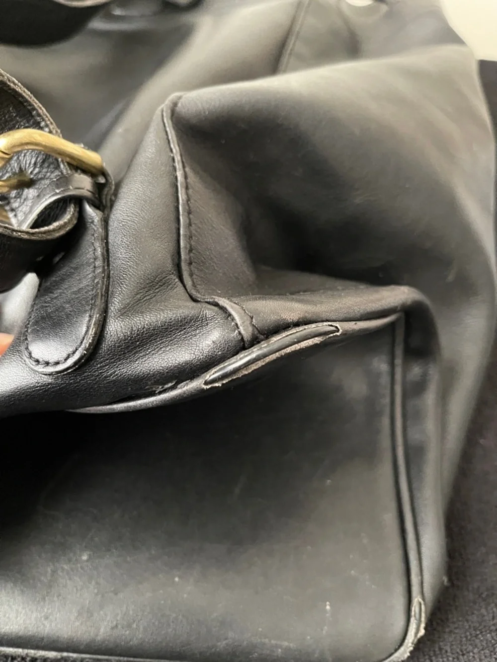 Coach Black Leather Drawstring Backpack with Front Zip Pocket